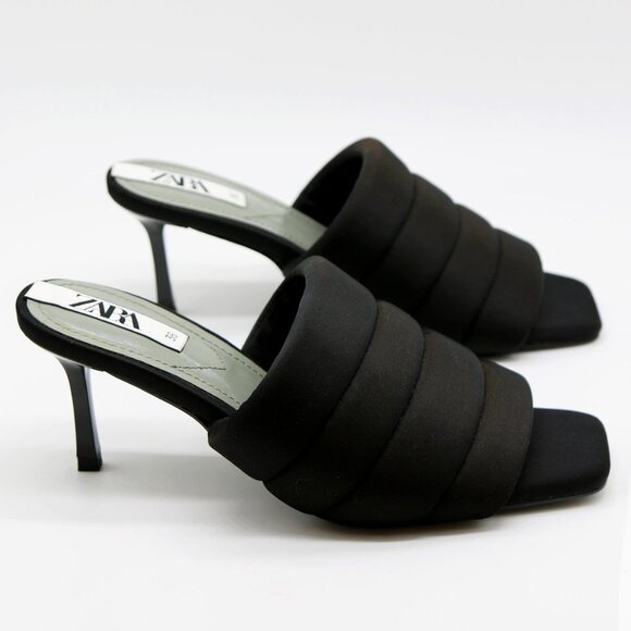 Zara Padded Quilted Slip On Slide Heel Mules Sandals 36 Black Square Toe Comfy - Picture 3 of 16